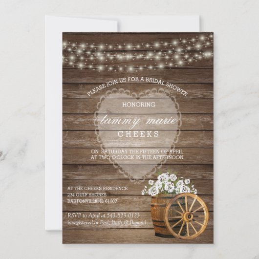 Invitation Mariage en tonneau rustique en bois avec fleurs bl (Devant)