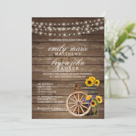 Invitation Mariage en tonneau rustique en bois avec tournesol (Debout devant)