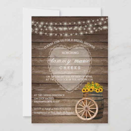 Invitation Mariage en tonneau rustique en bois avec tournesol (Devant)