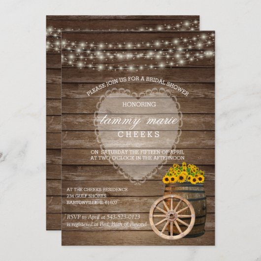 Invitation Mariage en tonneau rustique en bois avec tournesol (Devant / Derrière)
