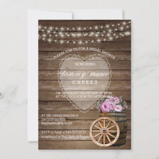 Invitation Mariage en tonneau rustique et fleurs roses (Devant)