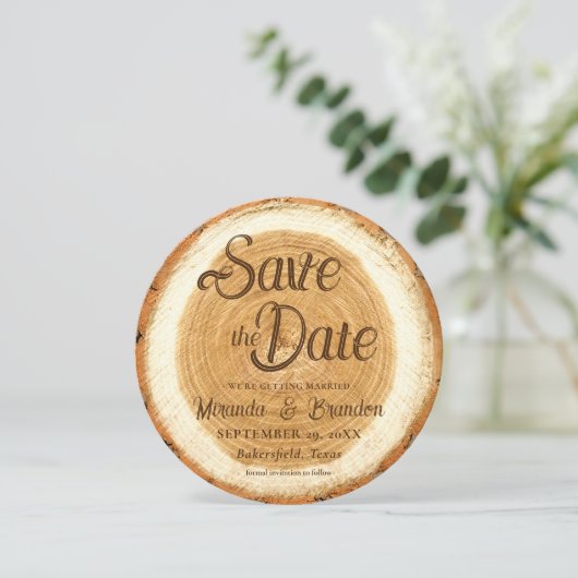 Invitation Mariage en tranches de bois rustique Enregistrer l (Debout devant)