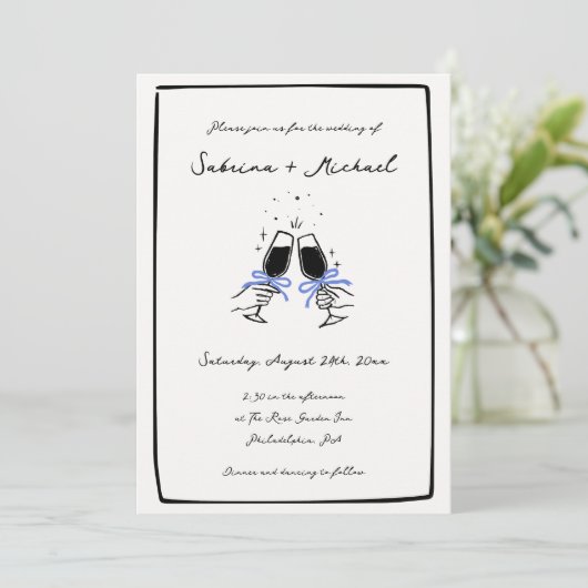 Invitation Mariage en verre à main blanche et noir lunaire (Debout devant)