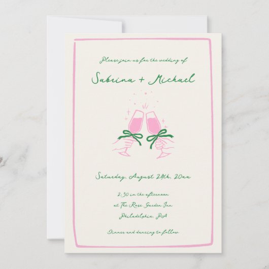 Invitation Mariage en verre blanc vert et rose main (Devant)