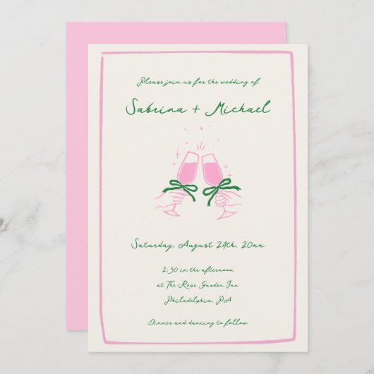 Invitation Mariage en verre blanc vert et rose main (Devant / Derrière)