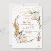 Invitation Mariage en verre de Champagne à cadre d'or fleuri (Devant)