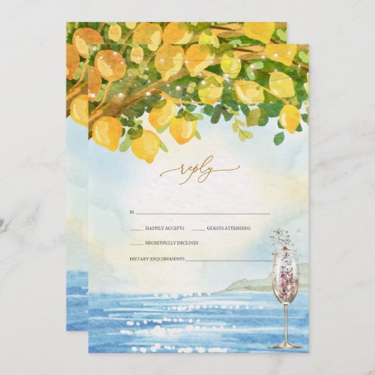 Invitation Mariage en verre de champagne Citrons Ocean RSVP (Devant / Derrière)