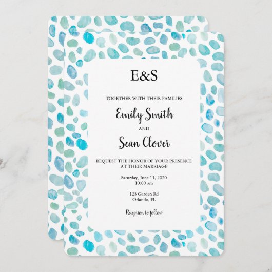 Invitation Mariage en verre de mer Monogramme Bleu Stripe Inv (Devant / Derrière)