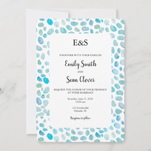 Invitation Mariage en verre de mer Monogramme Bleu Stripe Inv (Devant)
