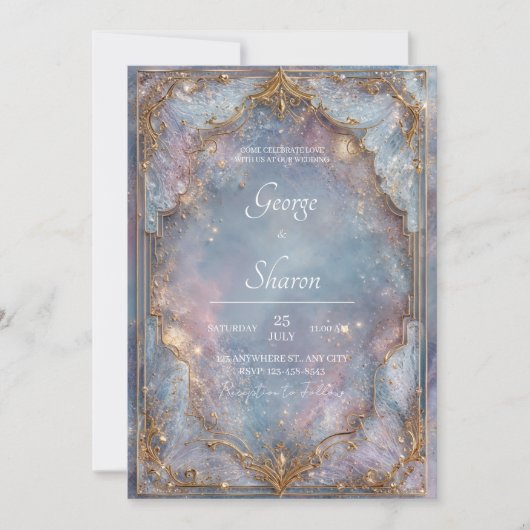 Invitation Mariage Enchanté Céleste Pailleté Or (Devant)