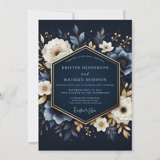 Invitation Mariage Enchanté de Fleurissement Navy (Devant)