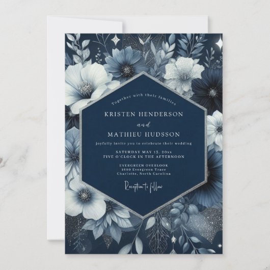 Invitation Mariage Enchanté de Fleurs Bleu Marine (Devant)
