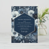 Invitation Mariage Enchanté de Fleurs Bleu Marine (Debout devant)