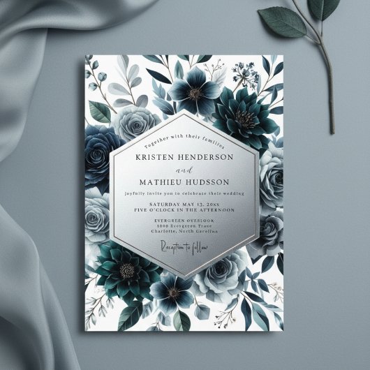 Invitation Mariage Enchanté de Fleurs Bleu Vert