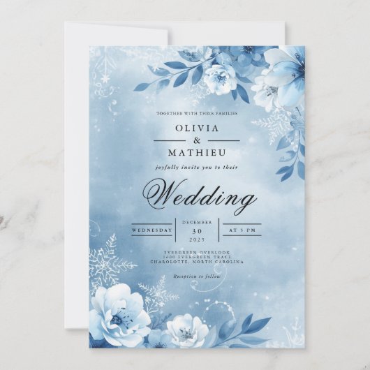 Invitation Mariage Enchanté Fleur Bleue Glacée (Devant)
