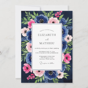 Invitation Mariage Enchanté Fleurs Roses et Bleu Marine