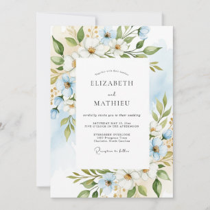 Invitation Mariage Enchanté Floral Bleu Ciel