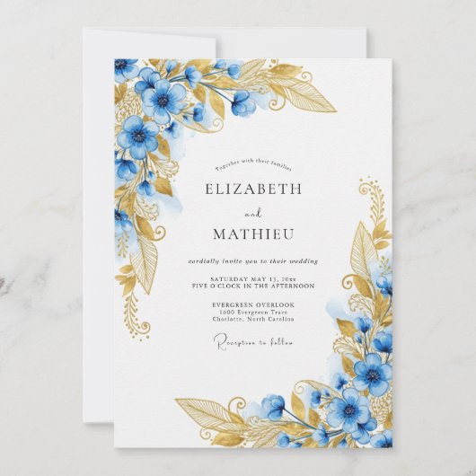 Invitation Mariage Enchanté Floral Or Bleu (Devant)