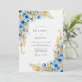 Invitation Mariage Enchanté Floral Or Bleu (Debout devant)
