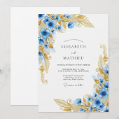 Invitation Mariage Enchanté Floral Or Bleu (Devant / Derrière)