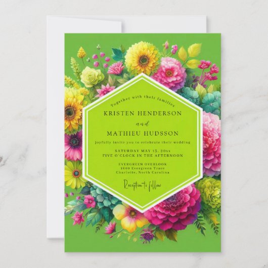 Invitation Mariage Enchanté Floral Vert Citron (Devant)