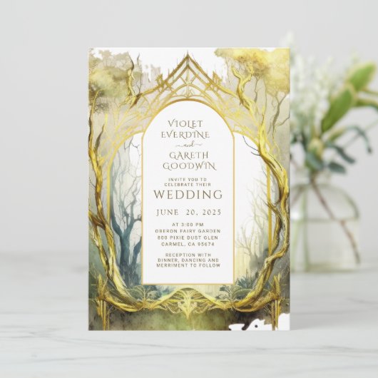 Invitation Mariage Enchanted Forest Portal Gold Frame Trees (Debout devant)