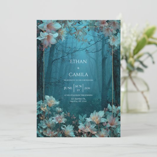 Invitation Mariage Enchanted Twilight Forest Gold Frame (Debout devant)