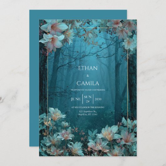 Invitation Mariage Enchanted Twilight Forest Gold Frame (Devant / Derrière)