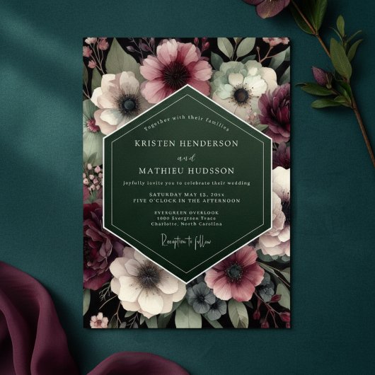 Invitation Mariage Enchantement Floral Prune Profond