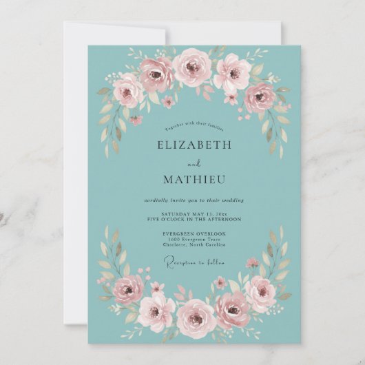 Invitation Mariage Enchantement Rose Sarcelle Toile (Devant)
