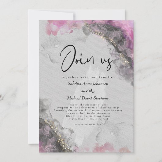 Invitation MARIAGE | Encre Abstraite d'alcool rose et onyx (Devant)