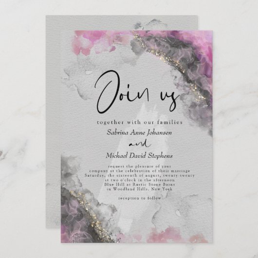 Invitation MARIAGE | Encre Abstraite d'alcool rose et onyx (Devant / Derrière)