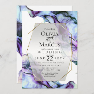 Invitation MARIAGE   Encre Abstraite Indigo Turquoise vibrant