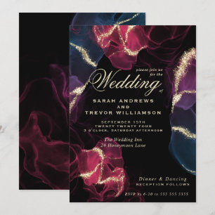 Invitation Mariage Encre d'alcool bleu violet carlet