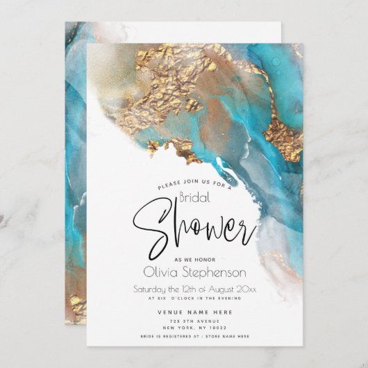 Invitation Mariage | Encre d'alcool marbré Turquoise moderne (Devant / Derrière)