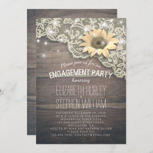 Invitation Mariage Engagement Party dentelle Tournesol Lumièr (Devant / Derrière)