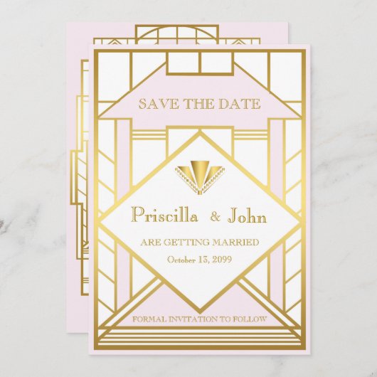 Invitation Mariage Enregistrer la date, Grand Gatsby, or blan (Devant / Derrière)