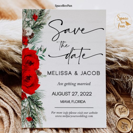 Invitation Mariage Enregistrer La Date Hiver Rouge Rose Vinta