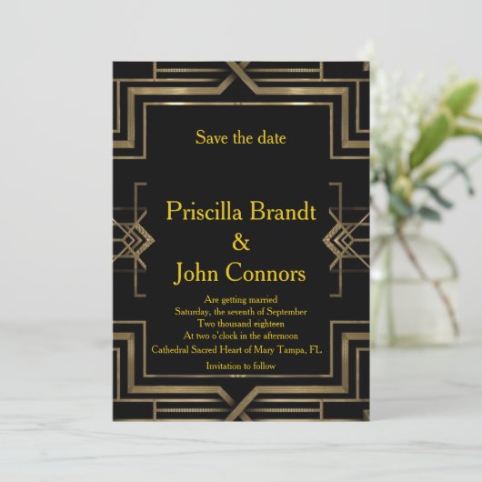 Invitation Mariage Enregistrer la Date, noir & or, grand-Gats (Debout devant)