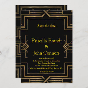 Invitation Mariage Enregistrer la Date, noir & or, grand-Gats