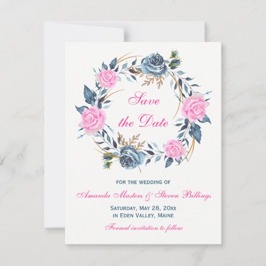 Invitation Mariage Enregistrer la date - rose, Rose bleu (Devant)