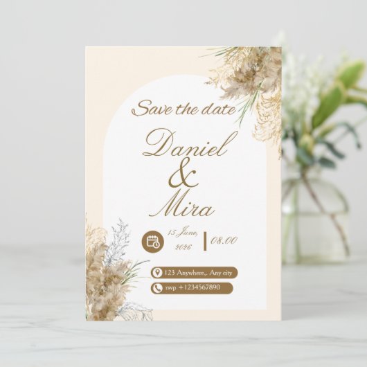 Invitation Mariage entièrement éditable Arch Pampas Boho Gold (Debout devant)