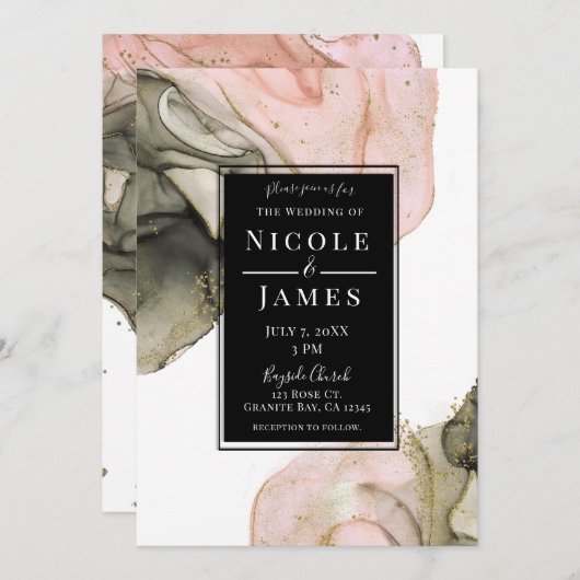 Invitation Mariage épais Moody Rose Black Gold Inky (Devant / Derrière)