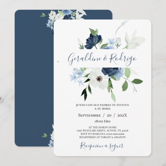 Invitation Mariage espagnol bleu floral Navy (Devant / Derrière)