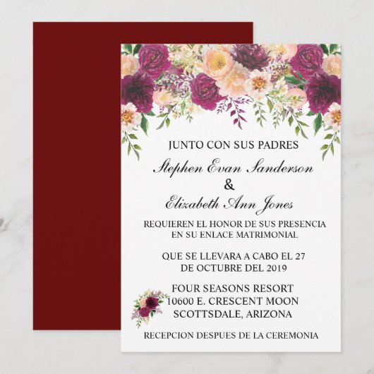 Invitation Mariage Espagnol Bourgogne Rosa Floral Clair (Devant / Derrière)