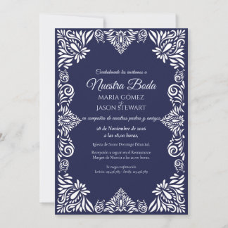 Invitation Mariage Espagnol Classique Élégant à Fleurs Bleu M