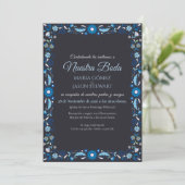 Invitation Mariage Espagnol Classique Élégant à Fleurs Bleu M (Debout devant)