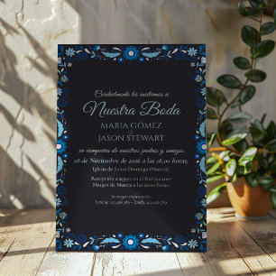 Invitation Mariage Espagnol Classique Élégant à Fleurs Bleu M