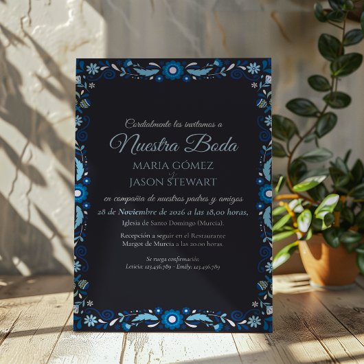 Invitation Mariage Espagnol Classique Élégant à Fleurs Bleu M