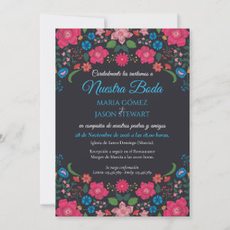 Invitation Mariage espagnol élégant et fleuri couleur marine
